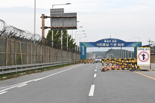 <p>A military checkpoint on the road from North Korea’s Kaesong city to Paju in South Korea on 14 October 2024 </p>