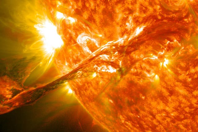 <p>Eruption from the sun accompanied by solar flares</p>