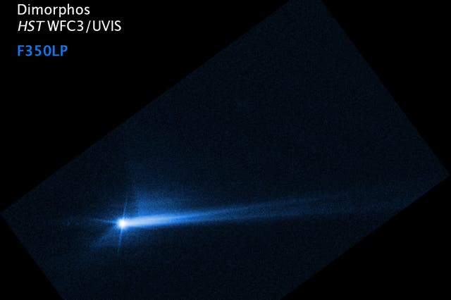 <p>NASA’s Hubble Space Telescope captures debris blasted from the surface of asteroid Dimorphos following the agency’s DART mission. This image was taken the month after the test. Scientist Nathan Moore said his study showed a similar effect, when a mock asteroid made of silica was hit with X-ray pulses. In a study published this September, Moore and his team used Sandia National Laboratory’s Z machine. </p>