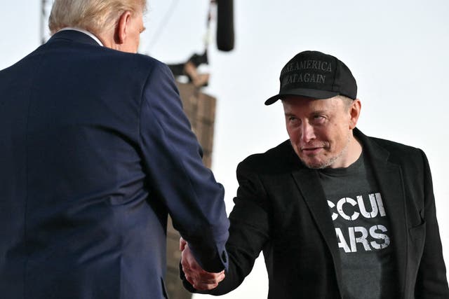<p>Musk shaking Trump’s hand at a rally in Butler, Pennsylvania. </p>