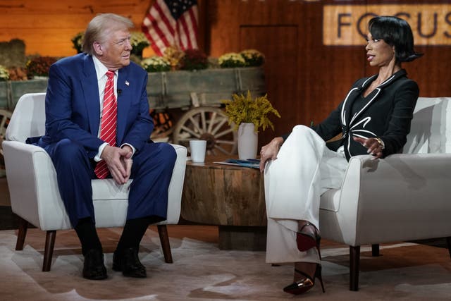 <p>Former president and Republican presidential candidate Donald Trump attends a Fox News Town Hall moderated by Fox News host Harris Faulkner, in Cumming, Georgia. However, many in attendance were already backing the Republican nominee </p>