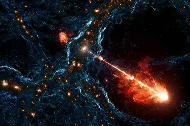 <p>An artist’s illustration of the longest black hole jet system ever observed. Nicknamed Porphyrion after a mythological Greek giant, these jets span roughly 7 megaparsecs, or 23 million light-years</p>