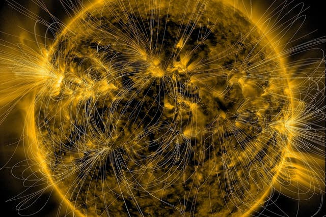 <p>A depiction of the sun’s magnetic fields is overlaid on an image of the sun. The star was captured in extreme ultraviolet light by NASA’s Solar Dynamics Observatory in March of 2016. Scientists say they’re concerned about the impact of immense solar storms that have the power to affect  satellites and astronauts in space, power grids on Earth, radio, and GPS. </p>