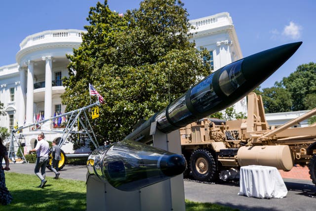 <p>A Terminal High Altitude Area Defense (THAAD) anti-ballistic missile defense system is displayed </p>