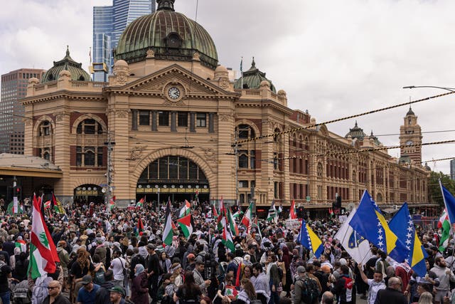 <p>Pro-Palestine gather at Flinders Street Station during an organised protest on Sunday</p>