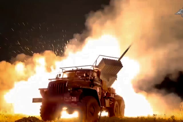 <p>A Russian Army "Grad" self-propelled 122 mm multiple rocket launcher fires rockets toward Ukrainian position at an undisclosed location</p>