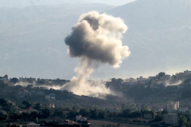 <p>Smoke rises from the site of an Israeli air strike that targeted the southern Lebanese village of Khiam</p>