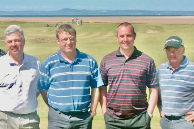 <p>Missing person: Stephen Jackson (second left) was unable to join his friends on the golf course in Spain due to an easyJet error</p>