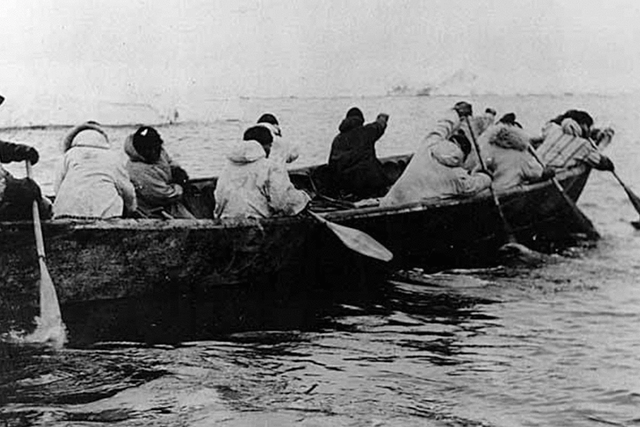 <p>Photo of Umiak skin boat paddled by Kingikmiut whale hunters in Cape of Prince Wales, Bering Strait</p>