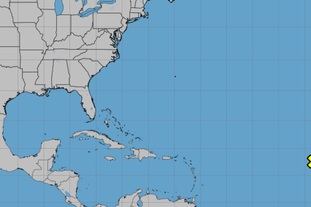 <p>A map shows the disturbance the National hurricane Center is tracking over the Atlantic Ocean on Monday.  It is too soon to know where the disturbance will go or how strong it could be, should it develop further into a tropical depression.</p>